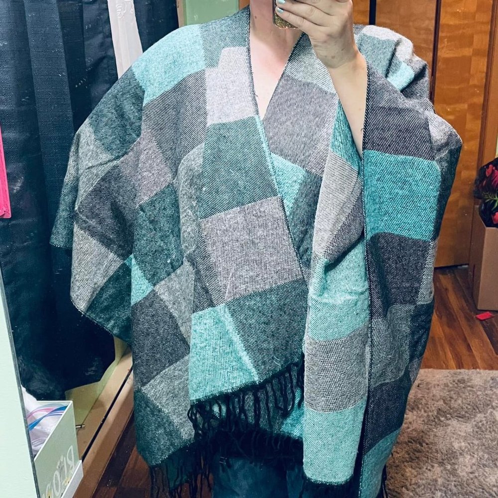 Gorgeous Large Patchwork Wrap in Teal, Black, Gray, and Dark Blues